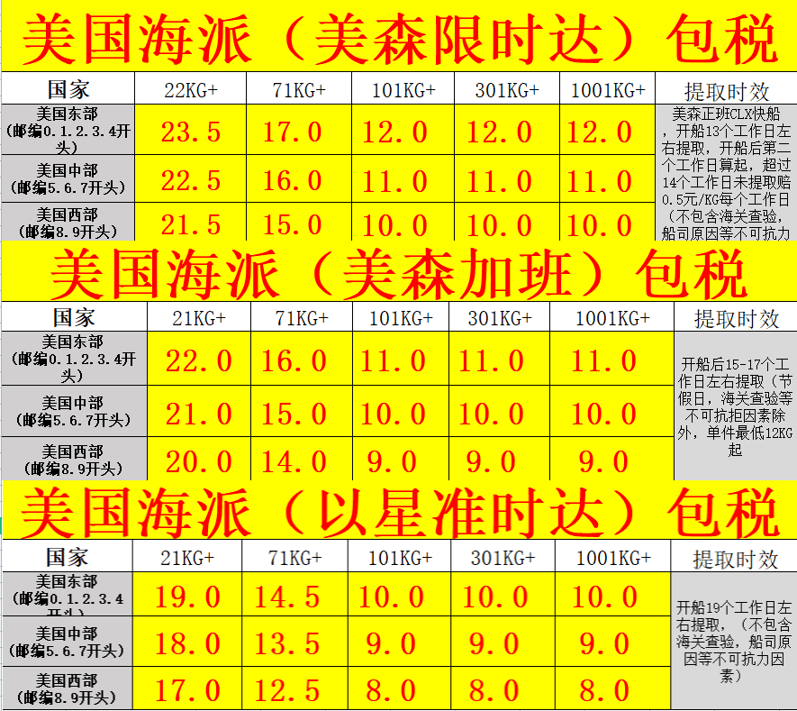 美國(guó)海派專(zhuān)線價(jià)格表